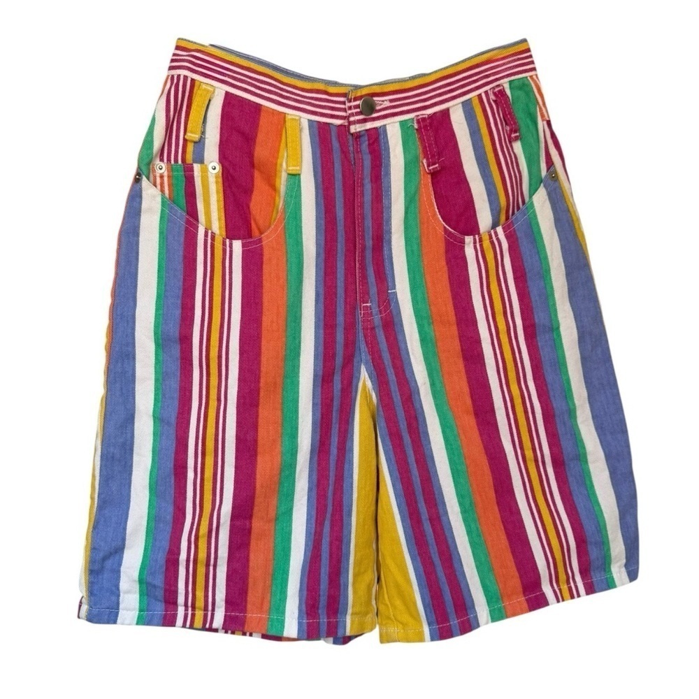 Vintage 90s Striped Denim Shorts Size Small 26” Waist Vibrant Colorful Cotton